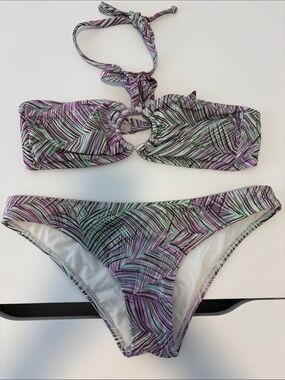 Palm Leaf Print Mint & Purple Bandeau Bikini Set